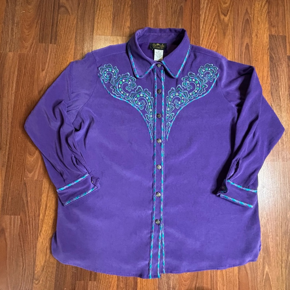 BOB MACKIE Art Women’s Embroidered Purple Top Shirt 1X Western Rodeo Boho